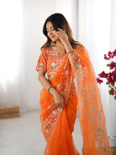 Load image into Gallery viewer, Attractive Party Wear Organza Silk Thread n Sequence Work Fancy Designer Saree With Unstitched Blouse