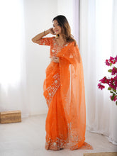 Load image into Gallery viewer, Attractive Party Wear Organza Silk Thread n Sequence Work Fancy Designer Saree With Unstitched Blouse