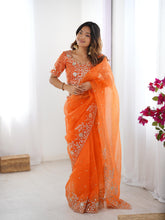 Load image into Gallery viewer, Attractive Party Wear Organza Silk Thread n Sequence Work Fancy Designer Saree With Unstitched Blouse