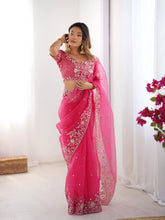 Load image into Gallery viewer, Attractive Party Wear Organza Silk Thread n Sequence Work Fancy Designer Saree With Unstitched Blouse