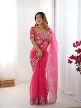 Load image into Gallery viewer, Attractive Party Wear Organza Silk Thread n Sequence Work Fancy Designer Saree With Unstitched Blouse