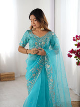 Load image into Gallery viewer, Attractive Party Wear Organza Silk Thread n Sequence Work Fancy Designer Saree With Unstitched Blouse