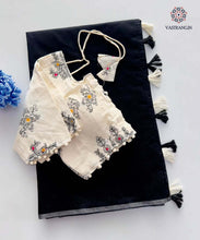 Load image into Gallery viewer, Attractive New Black Colour Chanderi Cotton Tussels Work Fancy Designer Wedding Wear Saree With Stitched Blouse