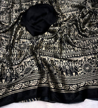 Load image into Gallery viewer, New Function Wear Black Color Pure Satin Silk Ajrak Printed Rich Pallu n Tussles Work Fancy Designer Saree