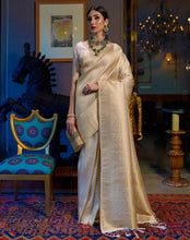 Load image into Gallery viewer, Latest Off White n Golden Color Kanjivaram Silk Jacquard Weaving Work Wedding Wear Designer Saree