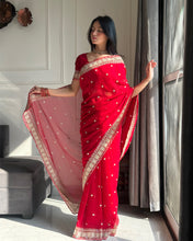 Load image into Gallery viewer, Exquisite Party Wear Soft Faux Georgette Embroidery n Sequence Zari Work Fancy Designer Saree With Unstithced Blouse Piece