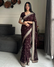 Load image into Gallery viewer, Exquisite Party Wear Soft Faux Georgette Embroidery n Sequence Zari Work Fancy Designer Saree With Unstithced Blouse Piece