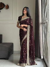 Load image into Gallery viewer, Exquisite Party Wear Soft Faux Georgette Embroidery n Sequence Zari Work Fancy Designer Saree With Unstithced Blouse Piece