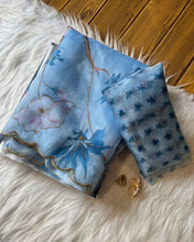 Load image into Gallery viewer, New Partywear Skyblue Color Organza Silk Printed Khatli Work Fancy Designer Saree With Unstitched Blouse