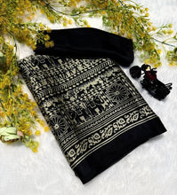 Load image into Gallery viewer, New Function Wear Black Color Pure Satin Silk Ajrak Printed Rich Pallu n Tussles Work Fancy Designer Saree