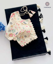 Load image into Gallery viewer, Attractive New Black Colour Chanderi Cotton Tussels Work Fancy Designer Wedding Wear Saree With Stitched Blouse