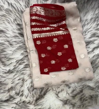 Load image into Gallery viewer, New Wedding Wear Beige Color Viscose Georgette Jacquard Zari Work Fancy Designer Saree