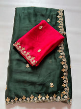 Load image into Gallery viewer, New Partywear Satin Chiffon Embroidery n Diamond Work Fancy Designer Saree With Blouse