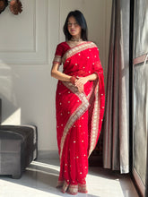 Load image into Gallery viewer, Exquisite Party Wear Soft Faux Georgette Embroidery n Sequence Zari Work Fancy Designer Saree With Unstithced Blouse Piece