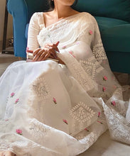 Load image into Gallery viewer, Partywear White Color Organza Silk Embroidery Lucknawi Work With Tassels Work Fancy Designer Saree