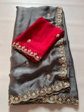 Load image into Gallery viewer, New Partywear Satin Chiffon Embroidery n Diamond Work Fancy Designer Saree With Blouse