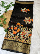 Load image into Gallery viewer, Whimsical Function Wear Black Colour Georgette Jacquard Weaving Border Rich Pallu Fancy Designer Saree For Party