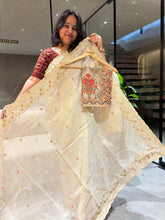 Load image into Gallery viewer, Redolent Wedding Wear Linen Cotton Thread Embroidery Work Fancy Saree With Unstitched Blouse Piece