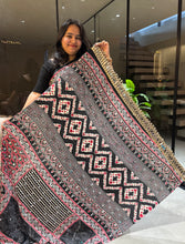 Load image into Gallery viewer, Lassitude Function Wear Pure Satin Silk Ajrak Printed Rich Pallu n Mirror Work Fancy Saree With Blissful Blouse Piece