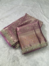 Load image into Gallery viewer, Attractive Wedding Wear Tissue Silk Zari Weaving Mirror n Cut Work Border Designer Saree For Occasion