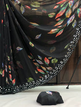 Load image into Gallery viewer, New Black Color Chiffon Print With Embroidery n Mirror Work Partywear Saree Design For Women