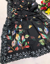 Load image into Gallery viewer, New Black Color Chiffon Print With Embroidery n Mirror Work Partywear Saree Design For Women