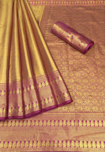 Load image into Gallery viewer, New Wedding Wear Kanjivaram Silk Golden n Pink Color Zari Weaving Fancy Designer Saree With Blouse