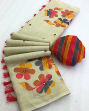 Load image into Gallery viewer, Graceful Function Wear Soft Linen Embroidery n Mirror Work Fancy Saree With Blouse Piece