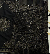 Load image into Gallery viewer, Artisanal Function Wear Pure Satin Silk Ajrak Printed Rich Pallu n Mirror Work Designer Saree