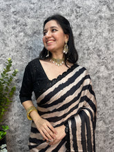 Load image into Gallery viewer, New Georgette Satin Black n White Digital Printed Saree With Sequence Work Border