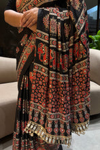 Load image into Gallery viewer, Alverina Party Wear Pure Satin Silk Ajrak Printed Rich Pallu n Mirror Work Fancy Saree With Blouse Piece