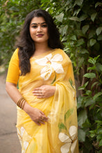 Load image into Gallery viewer, New Yellow Color Organza Silk Hand Painted Brush Print With Gold Foil Work Fancy Designer Saree With Blouse
