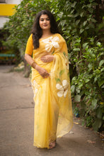 Load image into Gallery viewer, New Yellow Color Organza Silk Hand Painted Brush Print With Gold Foil Work Fancy Designer Saree With Blouse