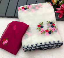 Load image into Gallery viewer, New Wedding wear Color Georgette Embrodiered Work Fancy Designer Saree With Contrast Blouse Piece