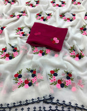 Load image into Gallery viewer, New Wedding wear Color Georgette Embrodiered Work Fancy Designer Saree With Contrast Blouse Piece