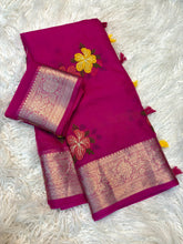 Load image into Gallery viewer, Effervescent Function Wear Organza Jacqurad Weaving Border Flower Thread Embroiderey Work Fancy Saree