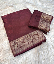 Load image into Gallery viewer, Wedding Wear Brown Color Pure Soft Jute Viscose Jacquard Weaving Work Fancy Designer Saree With Blouse