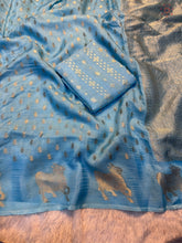 Load image into Gallery viewer, Attractive Party Wear Pure Soft Viscose Crape Silk Zari Chit Palllu n Pichwari Border Fancy Designer Saree With Blouse