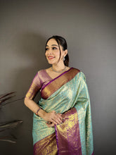 Load image into Gallery viewer, Charismatic Wedding Wear Kanjivaram Silk Rich Pallu Jacquard Border Designer Saree With Contrast Blouse Piece