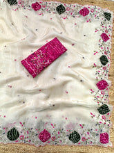 Load image into Gallery viewer, Glamorous Festive Wear Crystal Tissue Zari Embroiderey Hand Applique Work Fancy Designer Saree With Unstitched Blouse