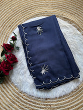 Load image into Gallery viewer, Glorious Wedding Wear Blue Colour Pure Organza Silk Heavy Lace Work With Pearls Fancy Designer Saree