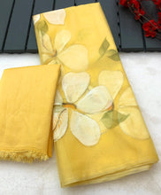 Load image into Gallery viewer, New Yellow Color Organza Silk Hand Painted Brush Print With Gold Foil Work Fancy Designer Saree With Blouse