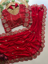 Load image into Gallery viewer, Blossom Party Wear Faux Georgette Sequence Heavy Border n Real Mirror Work Fancy Designer Saree With Unstitched Blouse