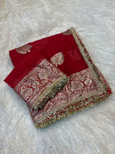 Load image into Gallery viewer, Captivating Wedding Wear Viscose Georgette Jacquard Zari Work Lace Border Designer Saree