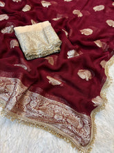 Load image into Gallery viewer, Captivating Wedding Wear Viscose Georgette Jacquard Zari Work Lace Border Designer Saree