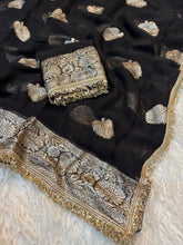 Load image into Gallery viewer, Captivating Wedding Wear Viscose Georgette Jacquard Zari Work Lace Border Designer Saree