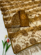 Load image into Gallery viewer, Luxury Wedding Wear Golden Colour Net Heavy Embroidery Work Designer Saree For Occasion