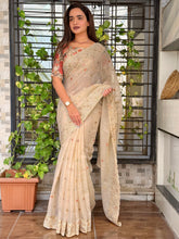 Load image into Gallery viewer, Redolent Wedding Wear Linen Cotton Thread Embroidery Work Fancy Saree With Unstitched Blouse Piece