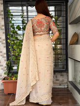 Load image into Gallery viewer, Redolent Wedding Wear Linen Cotton Thread Embroidery Work Fancy Saree With Unstitched Blouse Piece