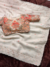 Load image into Gallery viewer, Redolent Wedding Wear Linen Cotton Thread Embroidery Work Fancy Saree With Unstitched Blouse Piece